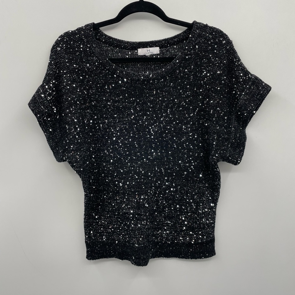 Halston black sparkle short sleeve top